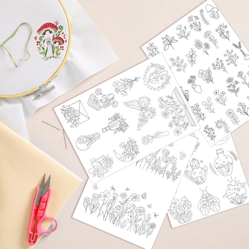 CRASHOT Water Soluble Embroidery Patterns Stabilizer - 4 Sheet Stick & Stitch Embroidery Paper Wash Away, Mushroom Moon Flower Floral Book Butterfly Designs, Suprise for Hand Sewing Lover - Image 4
